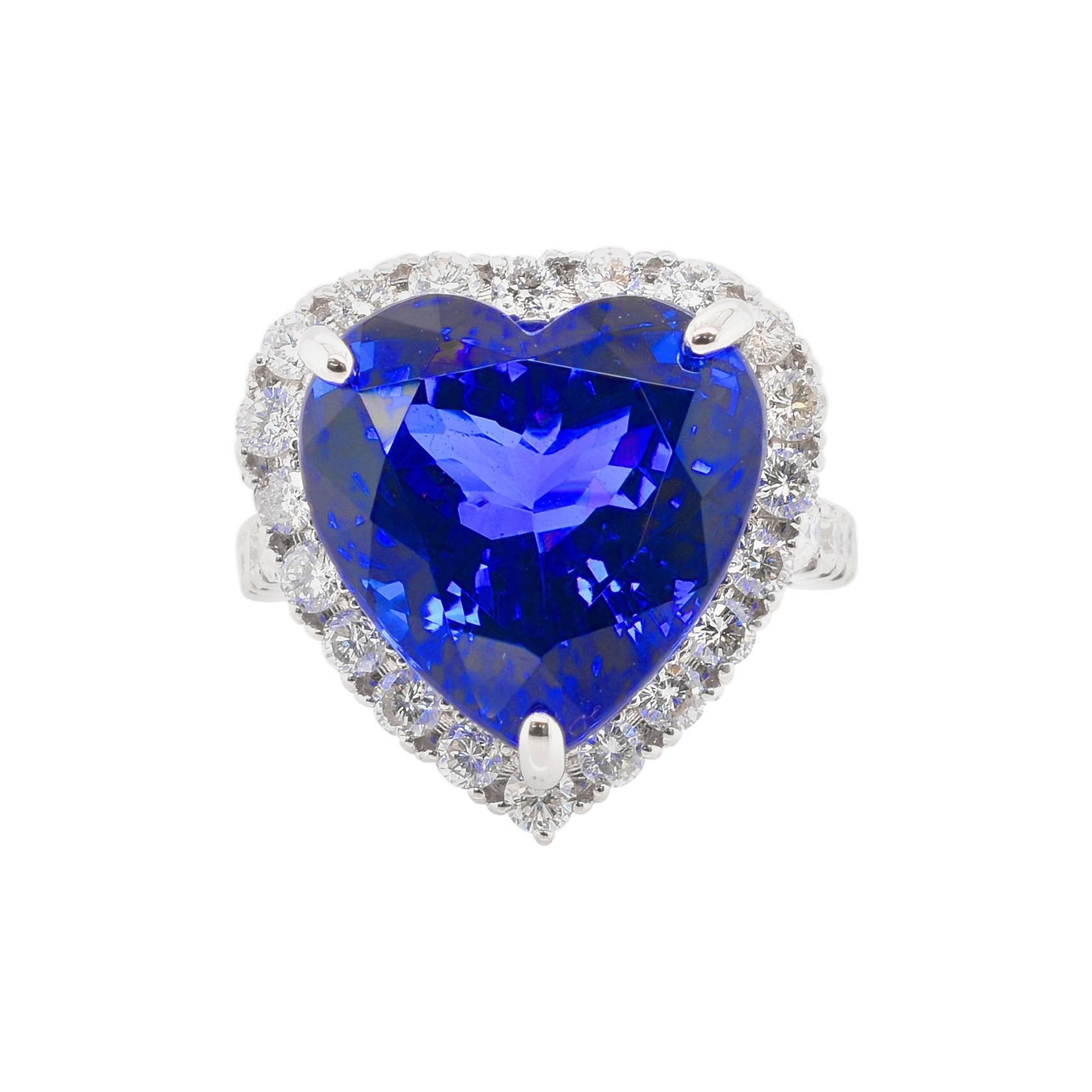14.80 Carat Heart-Shaped Tanzanite and Diamond Ring Set in Platinum