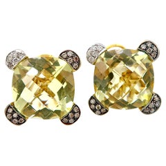 14.80 Carat Lemon Quartz Champagne White Diamond Clip Earrings Omega Backings