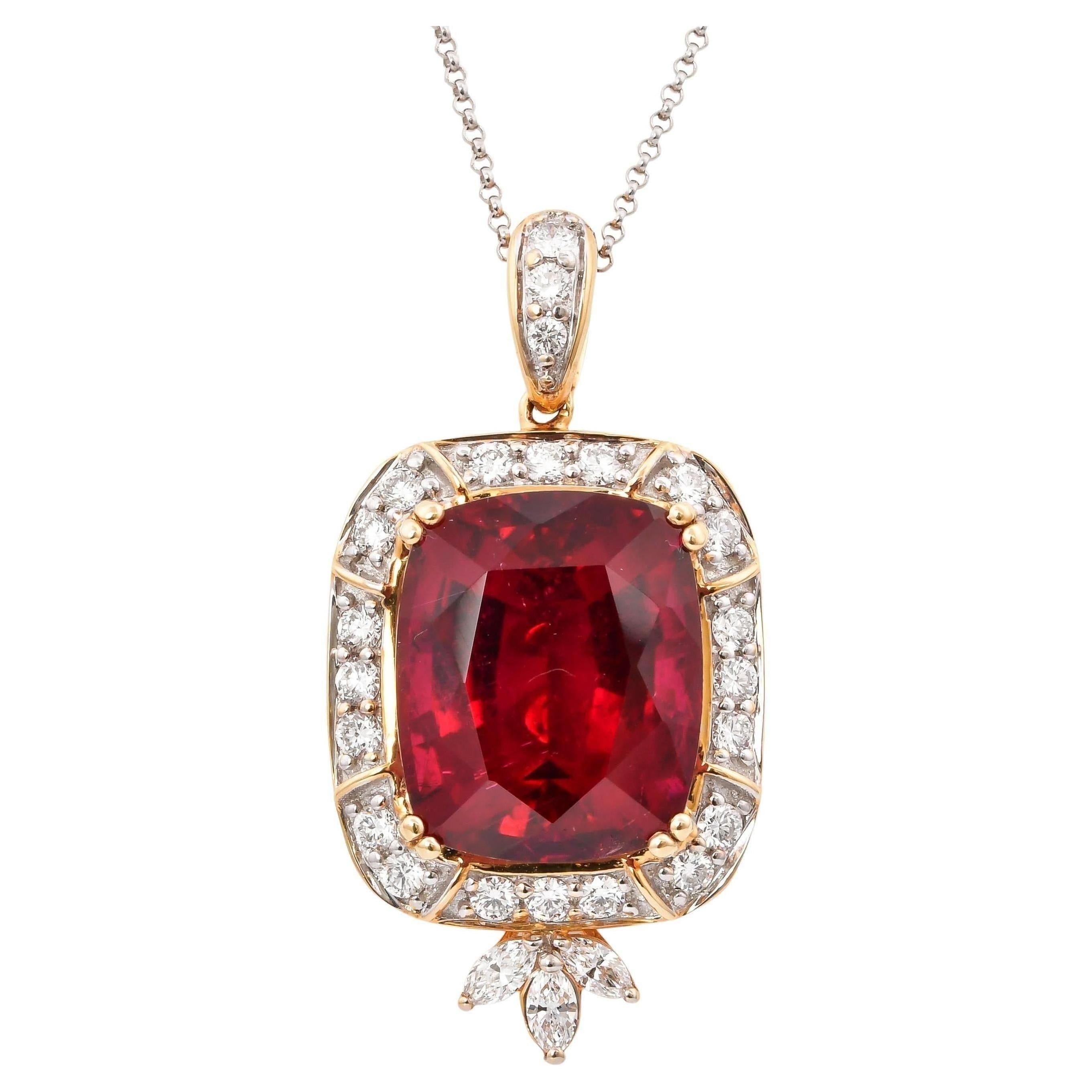 14.80 Carat Rubellite Tourmaline Pendant with Diamond in 18 Karat Yellow Gold