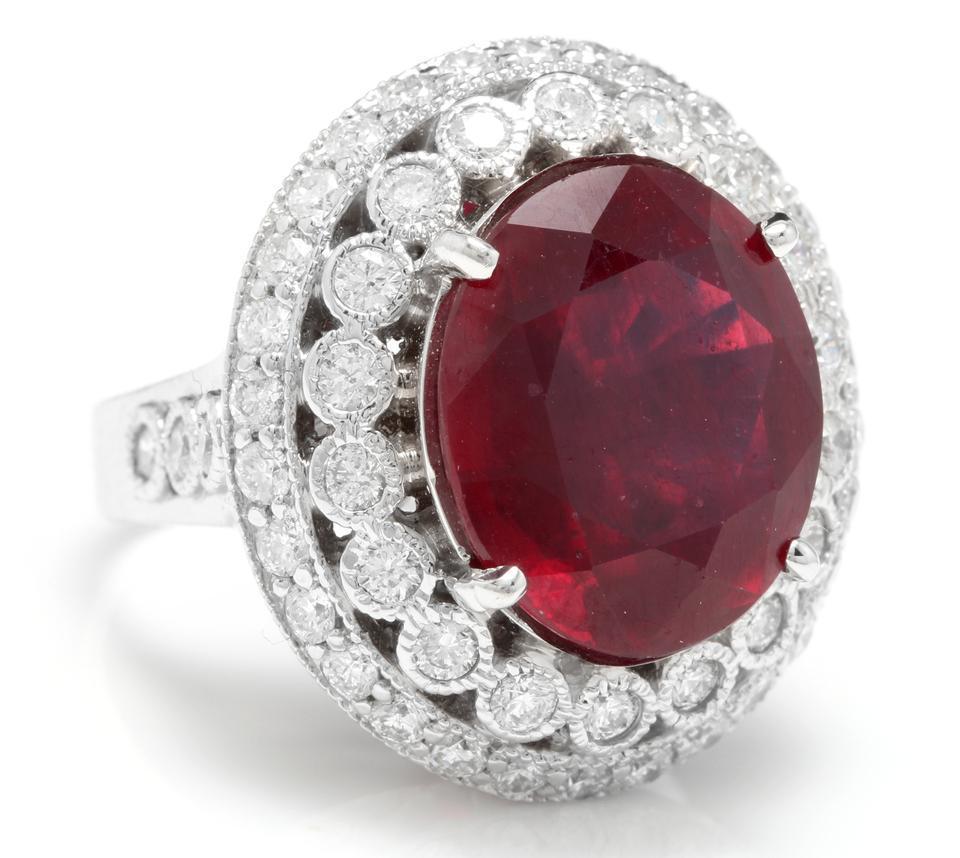 14.80 Carats Impressive Red Ruby and Natural Diamond 14K White Gold Ring

Total Red Ruby Weight is Approx. 13.00 Carats

Ruby Treatment: Lead Glass Filling

Ruby Measures: Approx. 15.00 x 12.50mm

Natural Round Diamonds Weight: Approx. 1.80 Carats