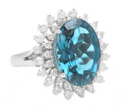 14.80 Ct Impressive Natural London Blue Topaz and Diamond 14K White Gold Ring