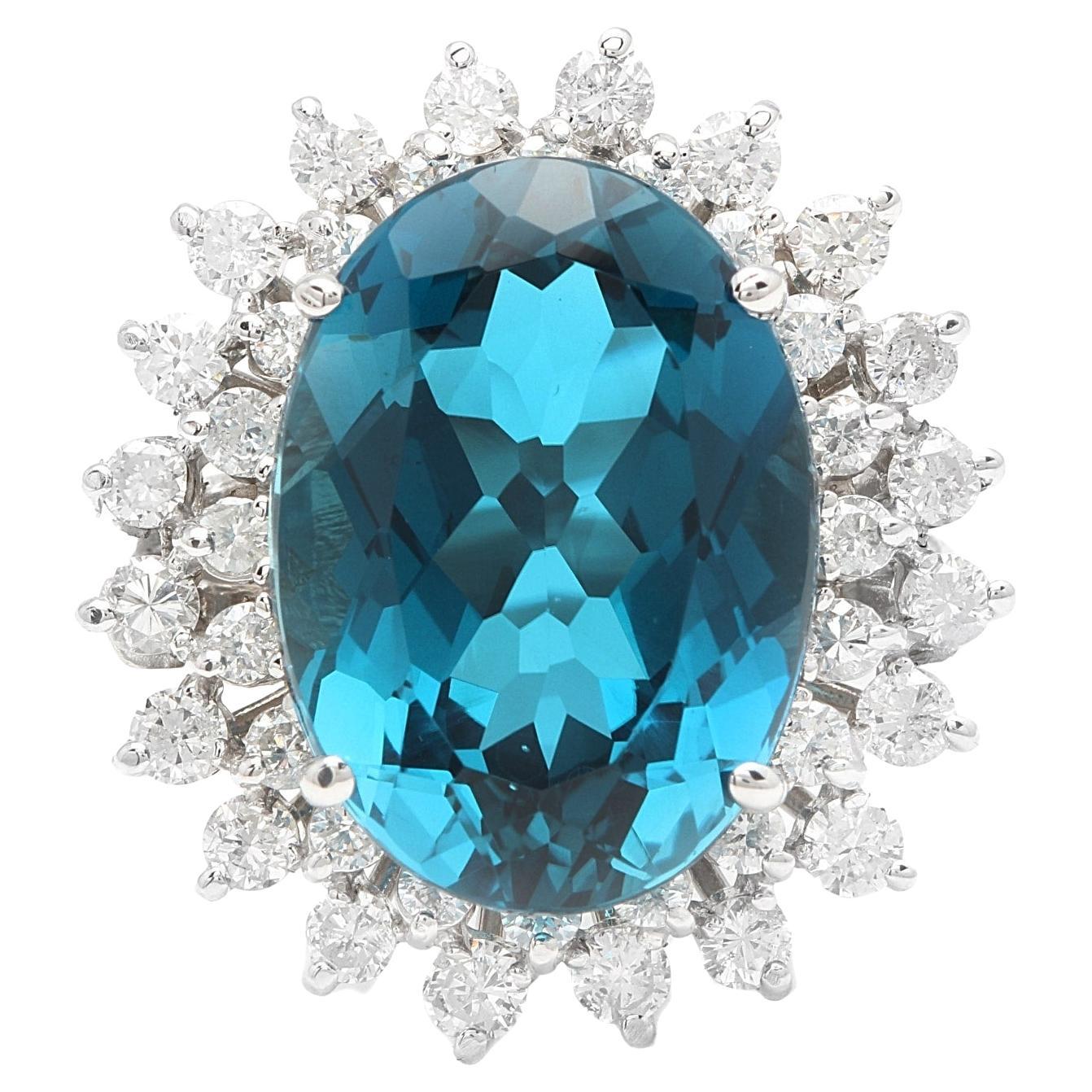 14.80 Ct Impressive Natural London Blue Topaz and Diamond 14K White Gold Ring For Sale