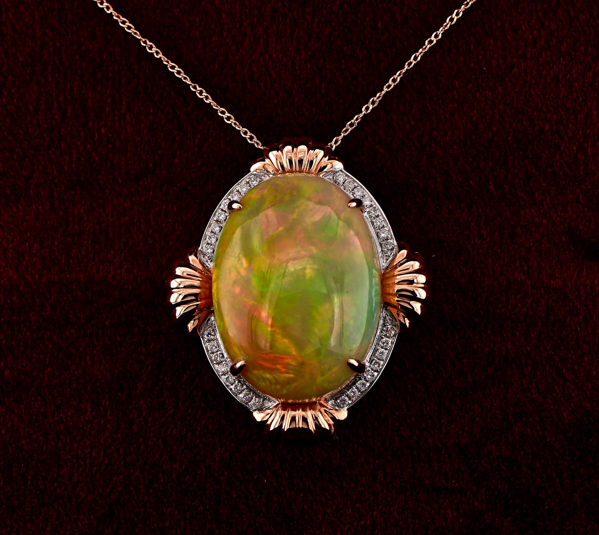 Contemporary 14.80 Ct Kaleidoscopic Australian Opal Diamond Pendant For Sale