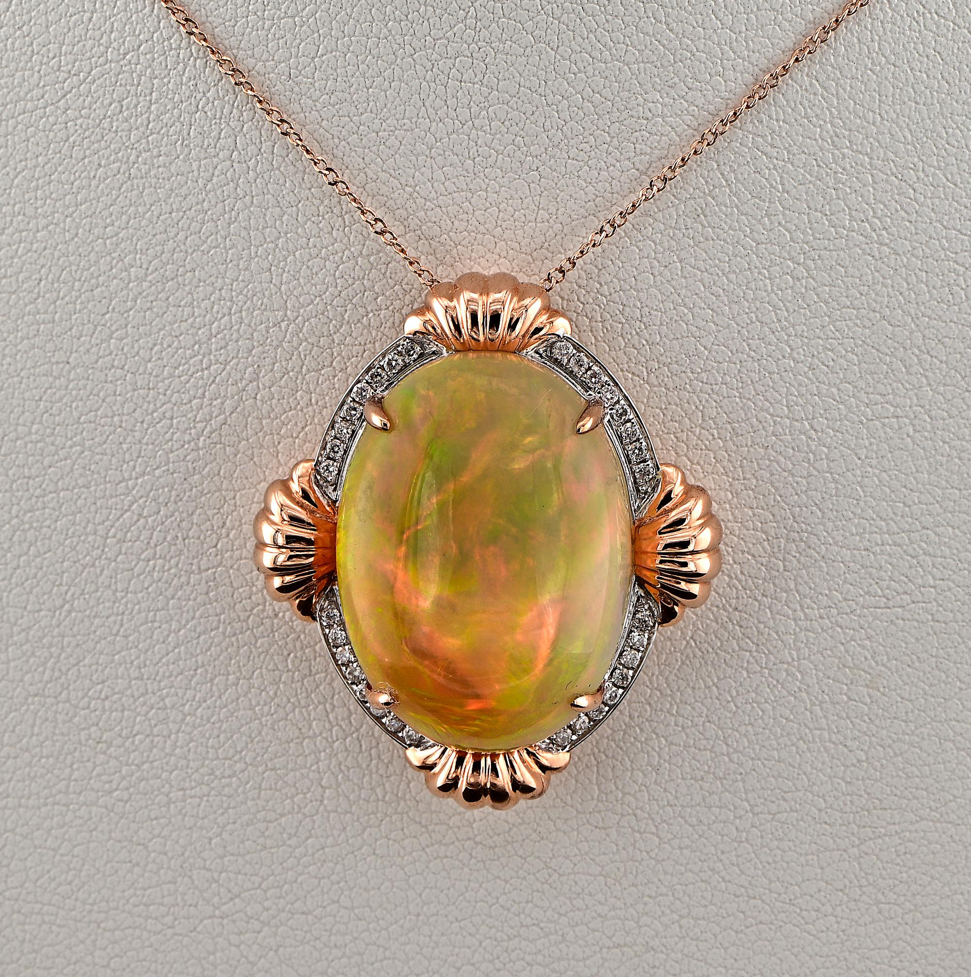 Cabochon 14.80 Ct Kaleidoscopic Australian Opal Diamond Pendant For Sale