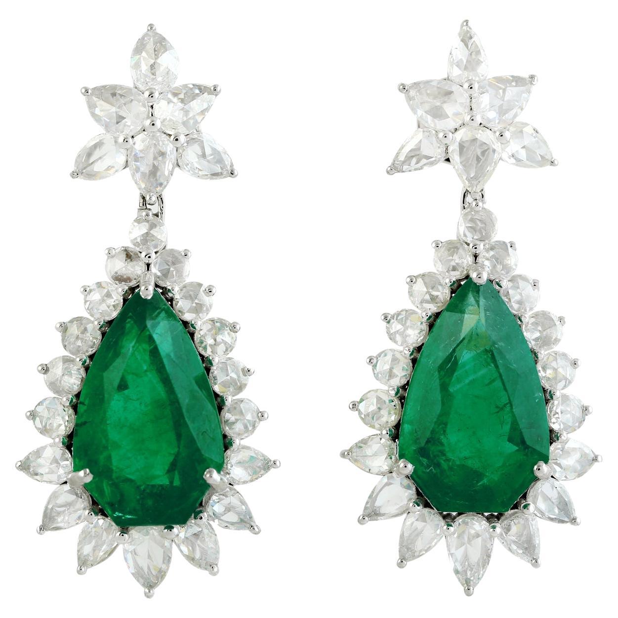 14.80ct Pear Shaped Emerald Dangle Earrings With Diamonds Made In 18k Gold For Sale