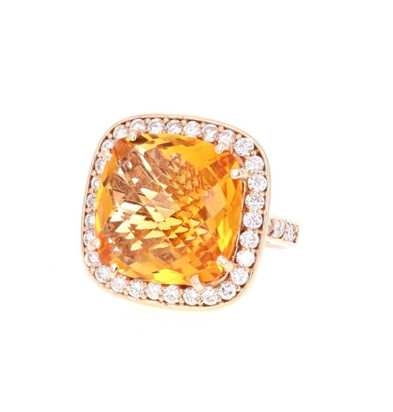 Contemporary 14.81 Carat Citrine Quartz Diamond Rose Gold Cocktail Ring For Sale