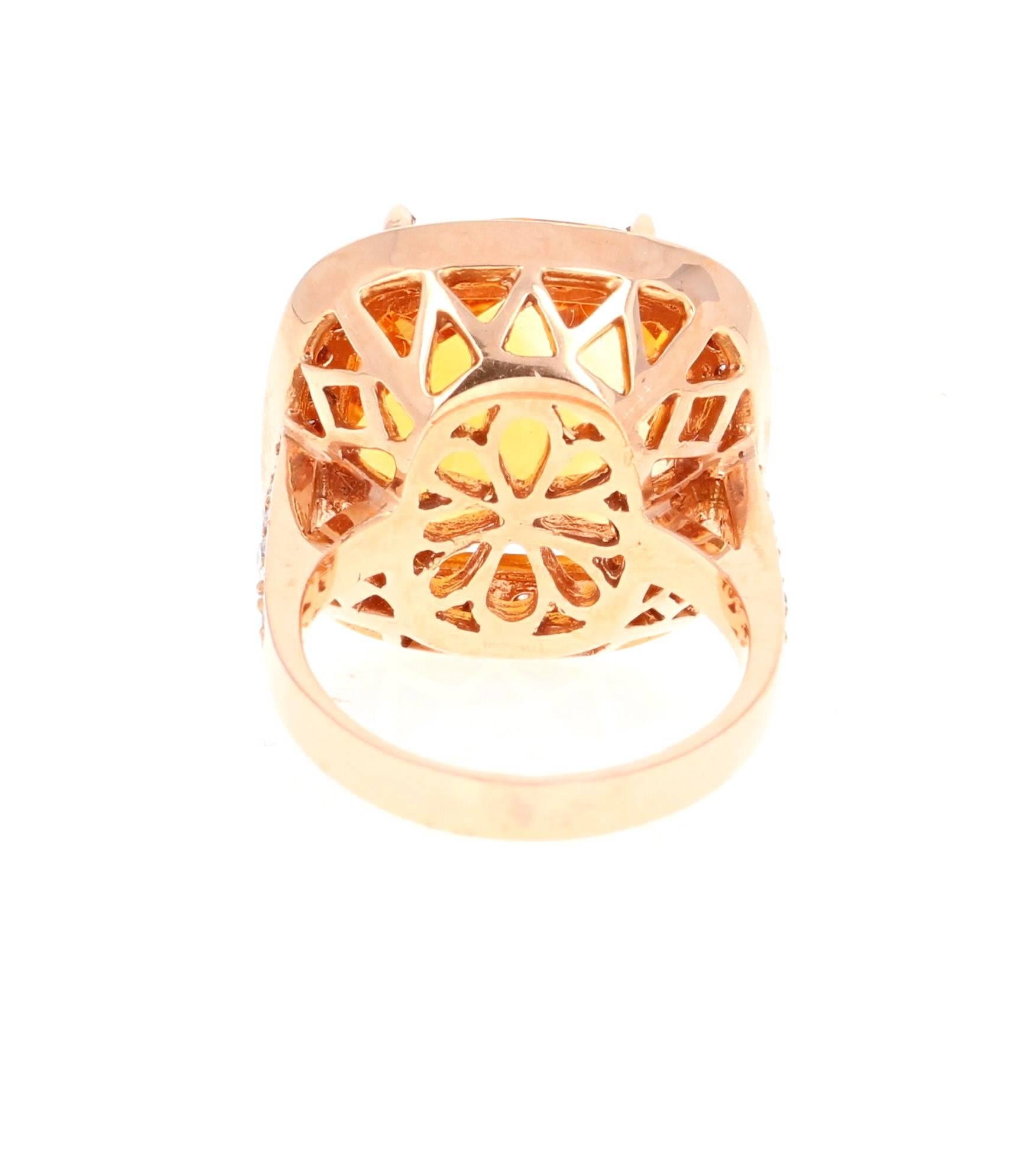 Modern 14.81 Carat Citrine Quartz Diamond Rose Gold Ring