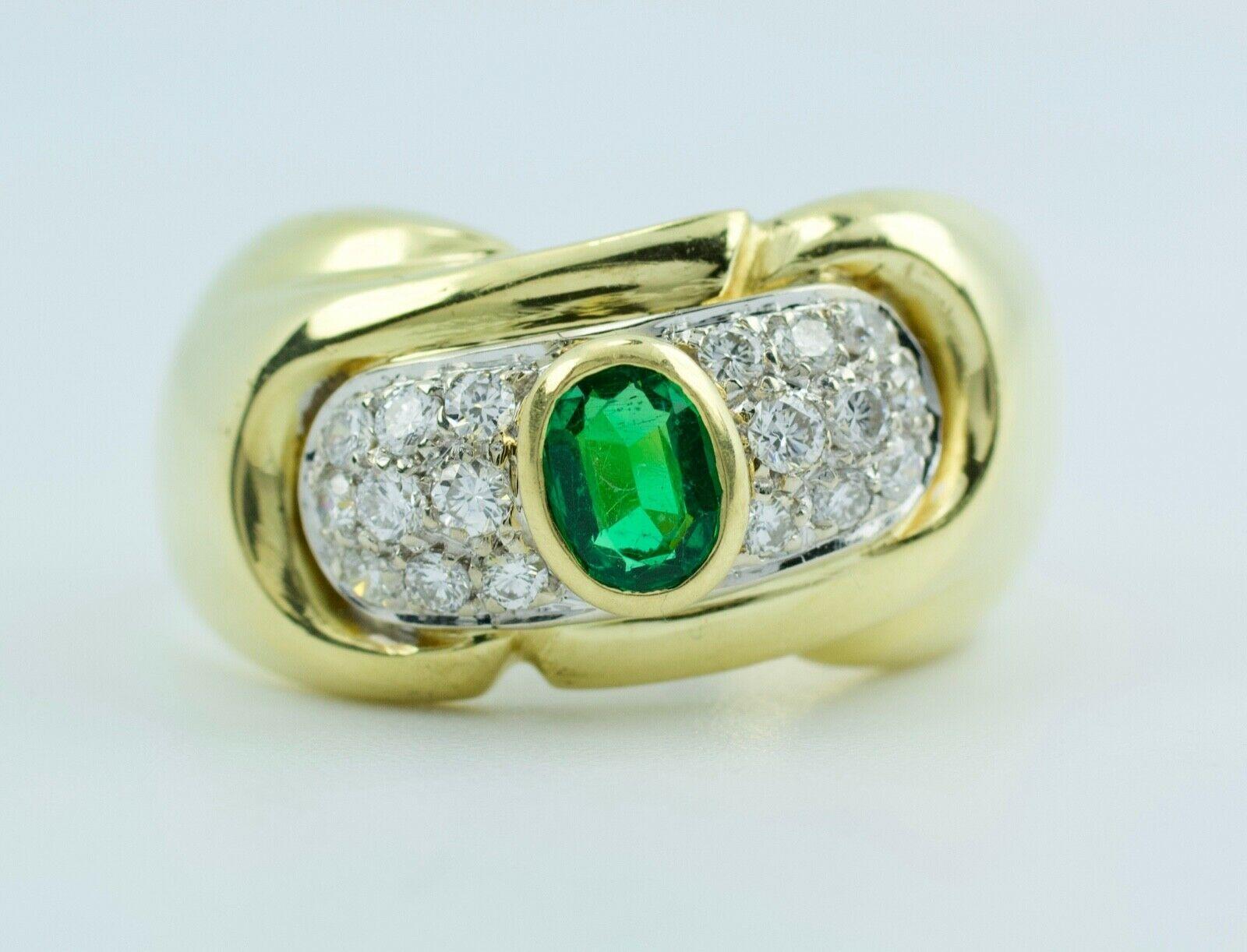 1481AL Italian 18 Karat Gold Oval Green Emerald with Round White Diamond Ring 1