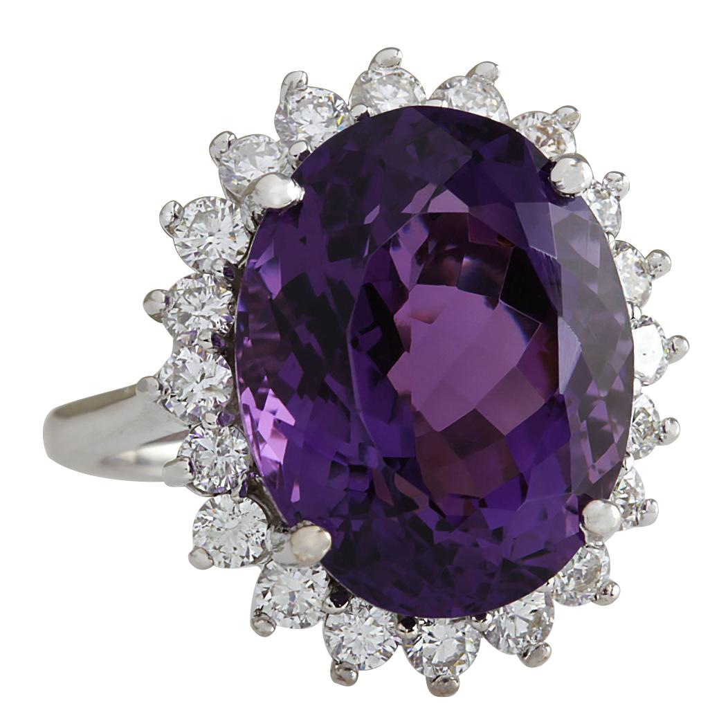 Natural Amethyst 14 Karat White Gold Diamond Ring
Stamped: 14K White Gold
Total Natural Amethyst Weight is 13.57 Carat (Measures: 18.00x13.00 mm)
Color: Purple
Total Natural Diamond Weight is 1.25 Carat
Color: F-G, Clarity: VS2-SI1
Face Measures:
