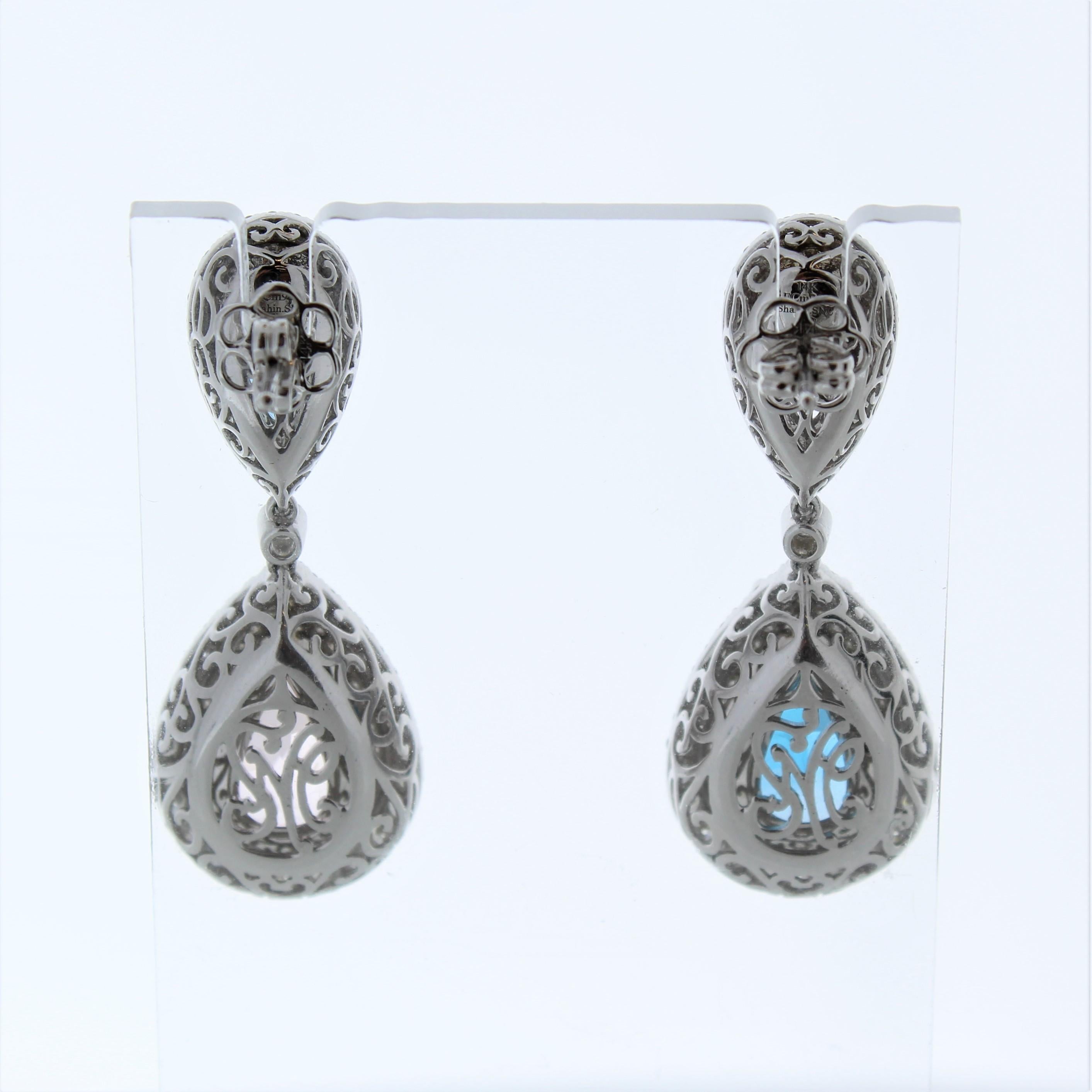 Pear Cut 14.82 Carat Pear Blue Topaz & Diamond Earrings In 14K White Gold  For Sale