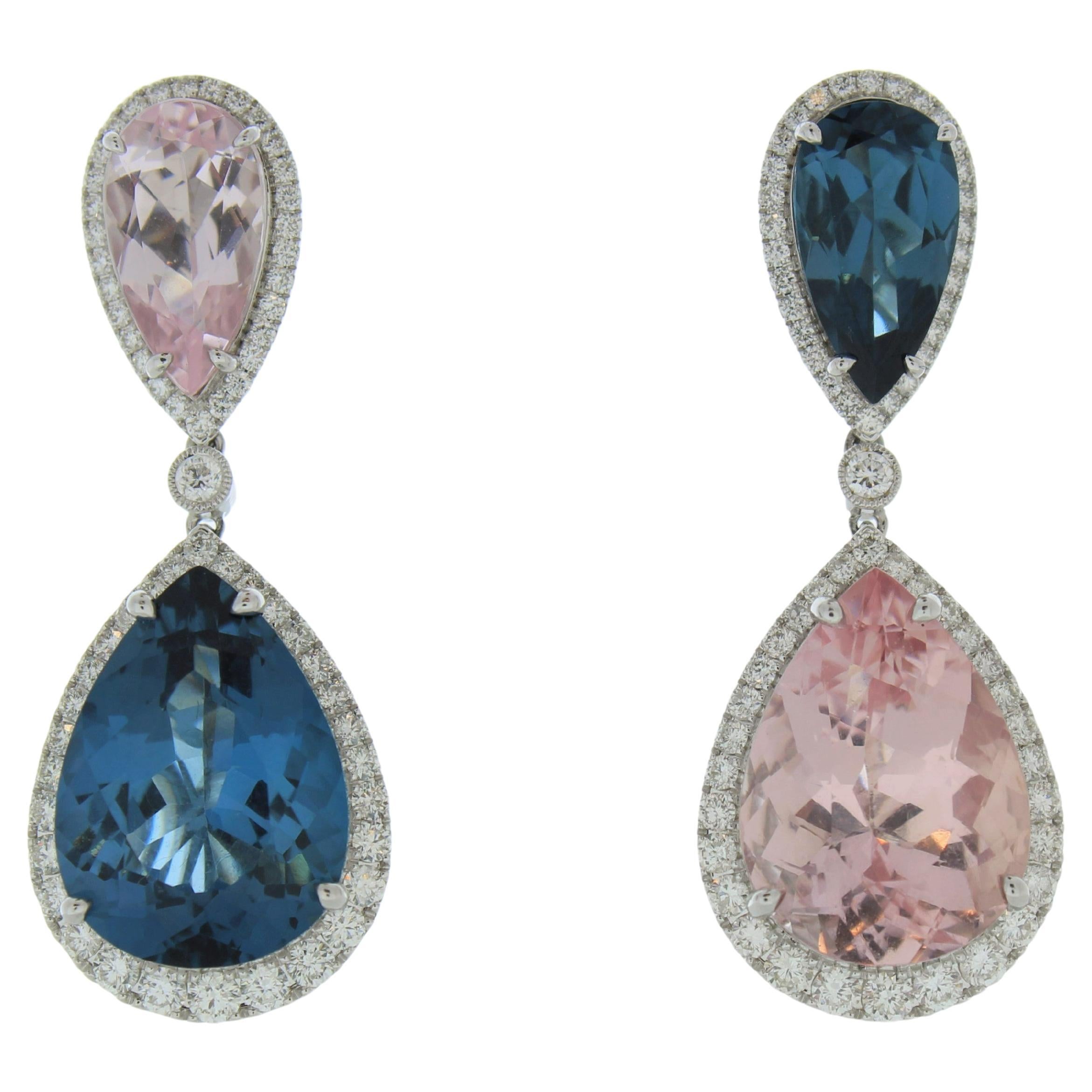 14.82 Carat Pear Blue Topaz & Diamond Earrings In 14K White Gold  For Sale