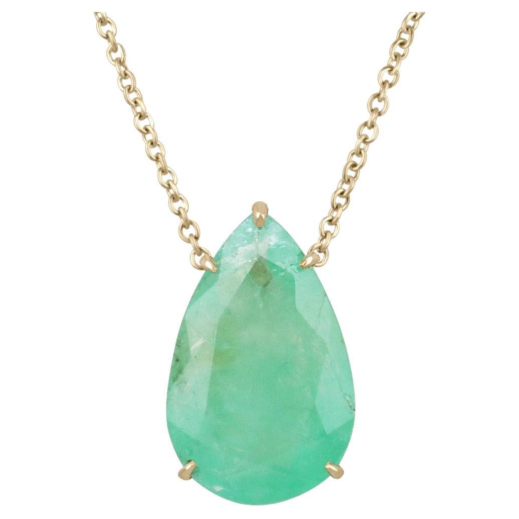 14.82ct 14K Gold Large Pear Cut Colombian Emerald Pendant Necklace May Gift For Sale