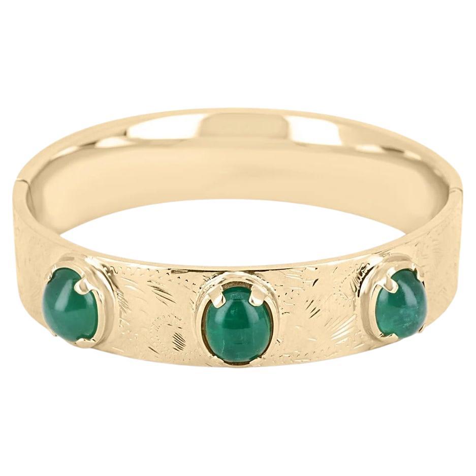 14.82tcw 14K Natural Cabochon Emerald Custom Three Stone Gold Bangle Bracelet For Sale