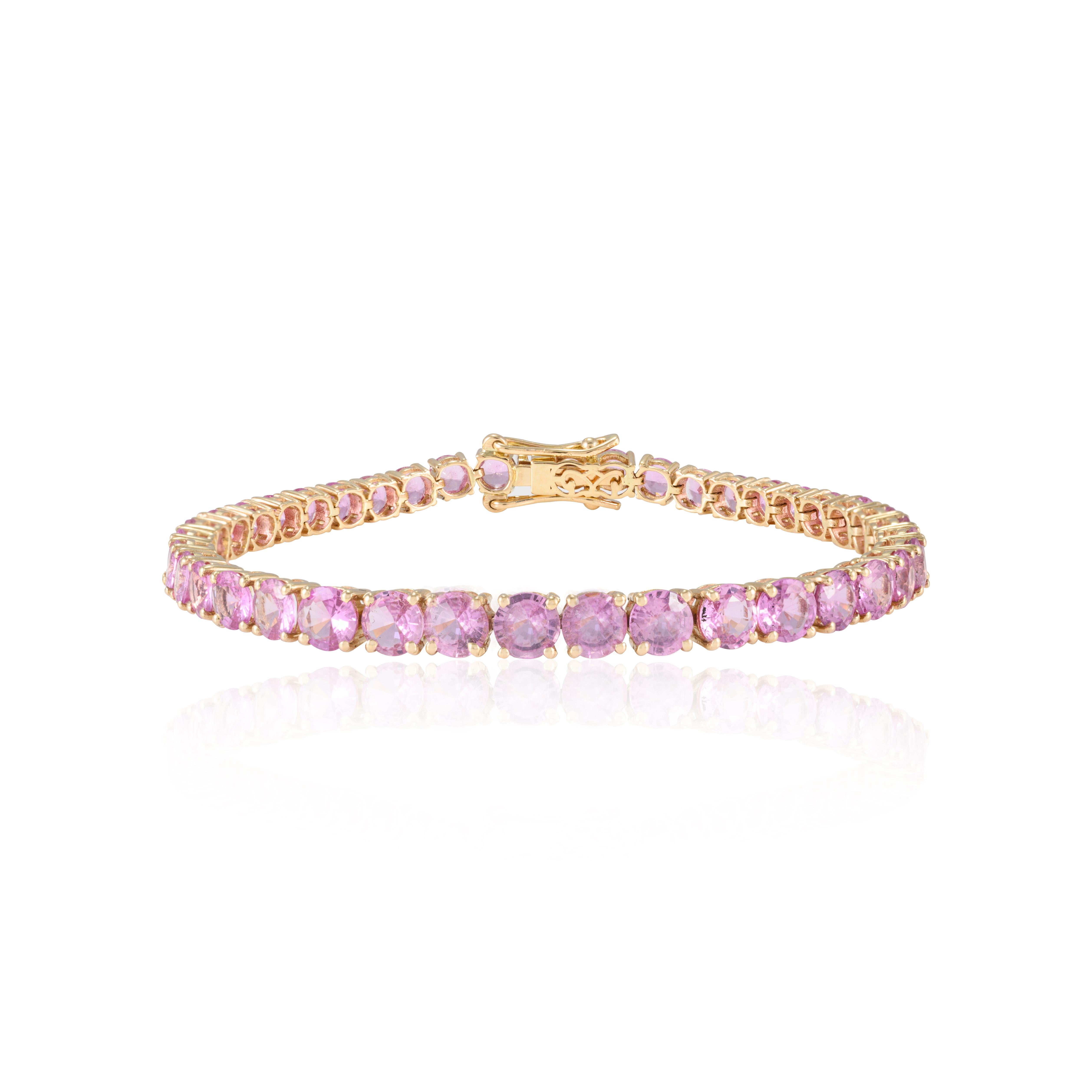Taille ronde Brilliante 14.83 CTW Pink Sapphire Tennis Bracelet en or jaune massif 14k en vente