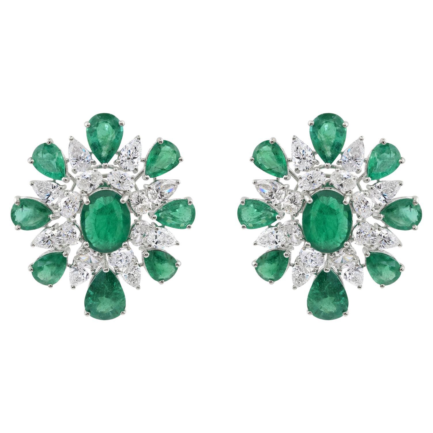 14.84 Carat Zambian Emerald 6.16 Carat SI/H Diamond Earrings 14 Karat White Gold For Sale