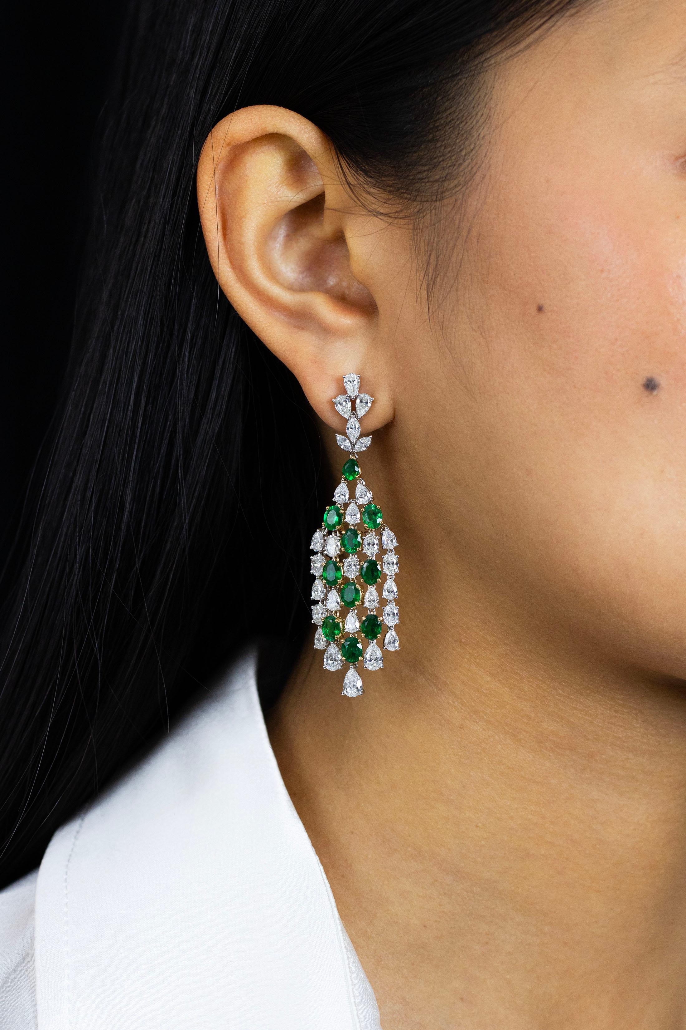 Contemporary 14.84 Carats Total Mixed Cut Emerald and Diamond Chandelier Earrings For Sale