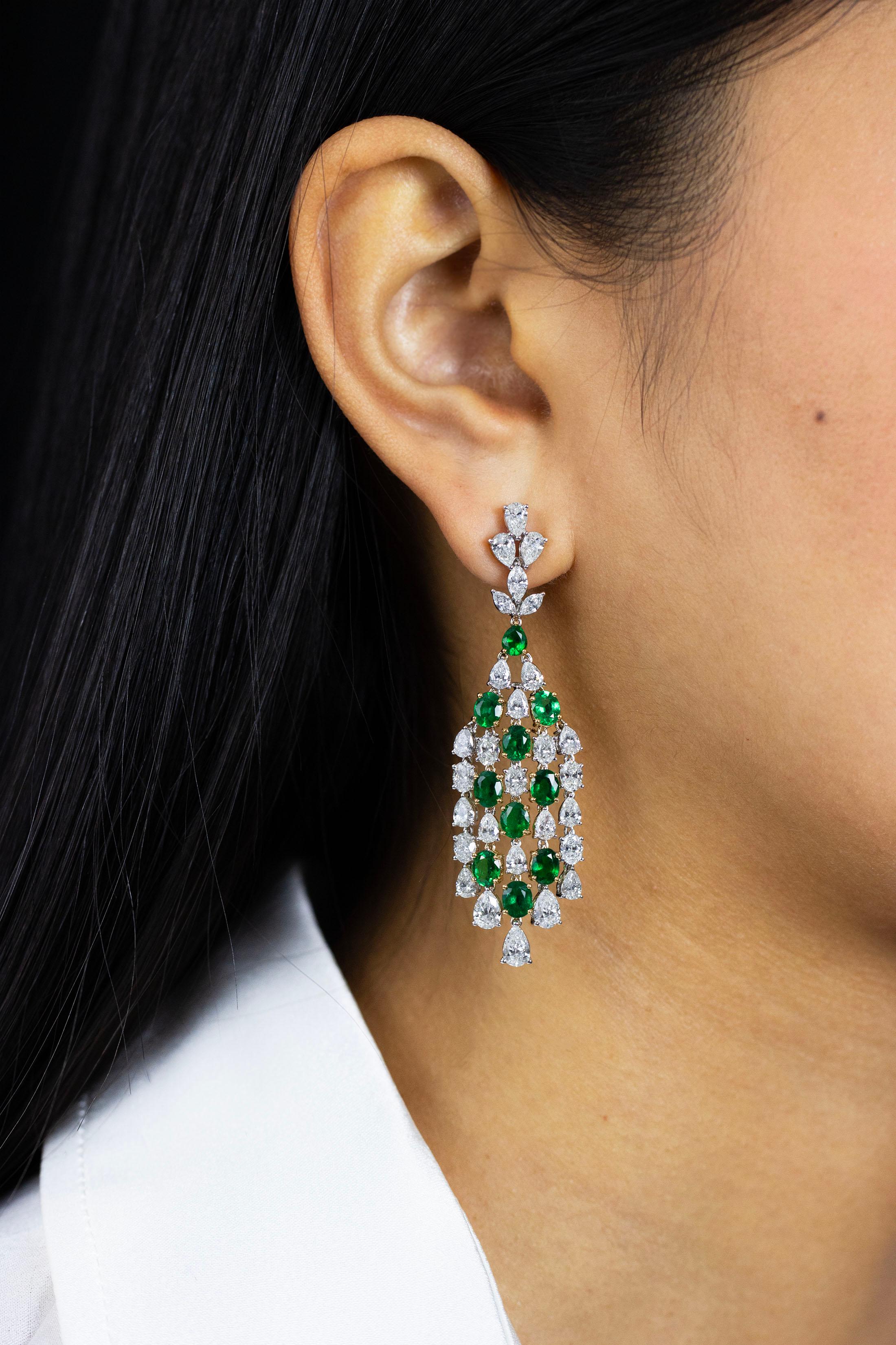 Women's 14.84 Carats Total Mixed Cut Emerald and Diamond Chandelier Earrings For Sale