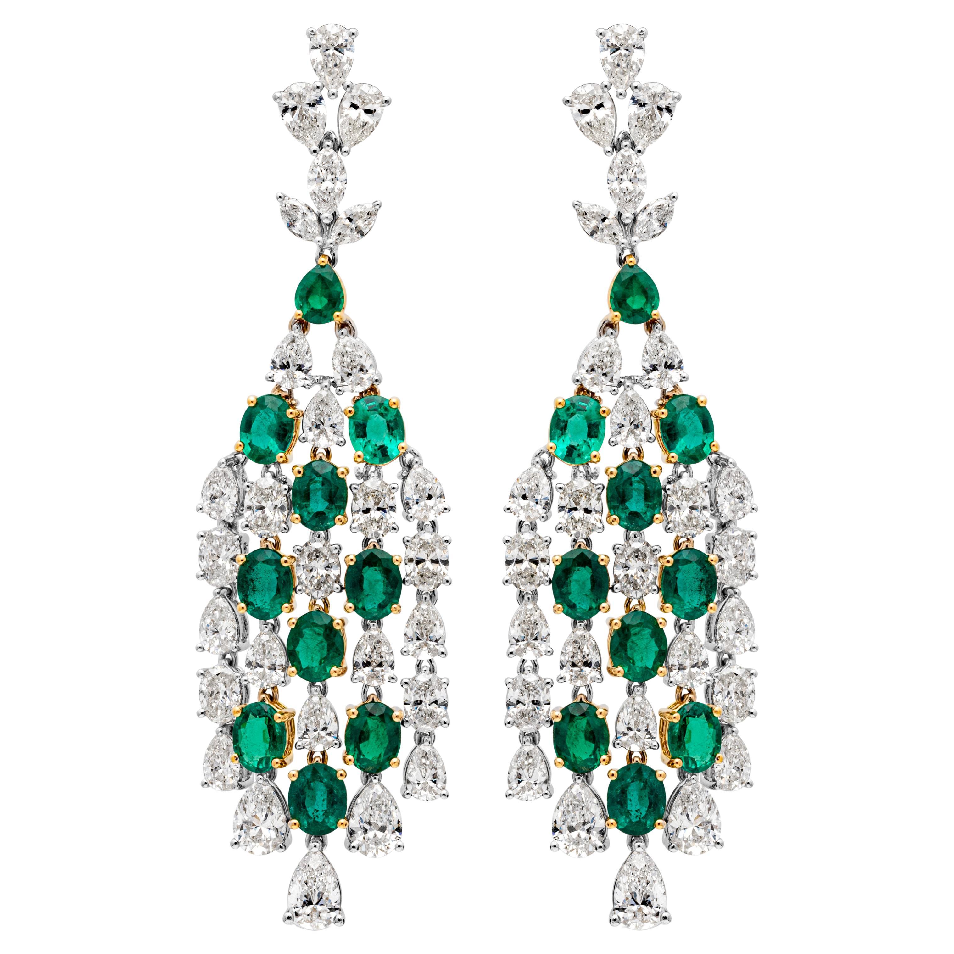 14.84 Carats Total Mixed Cut Emerald and Diamond Chandelier Earrings