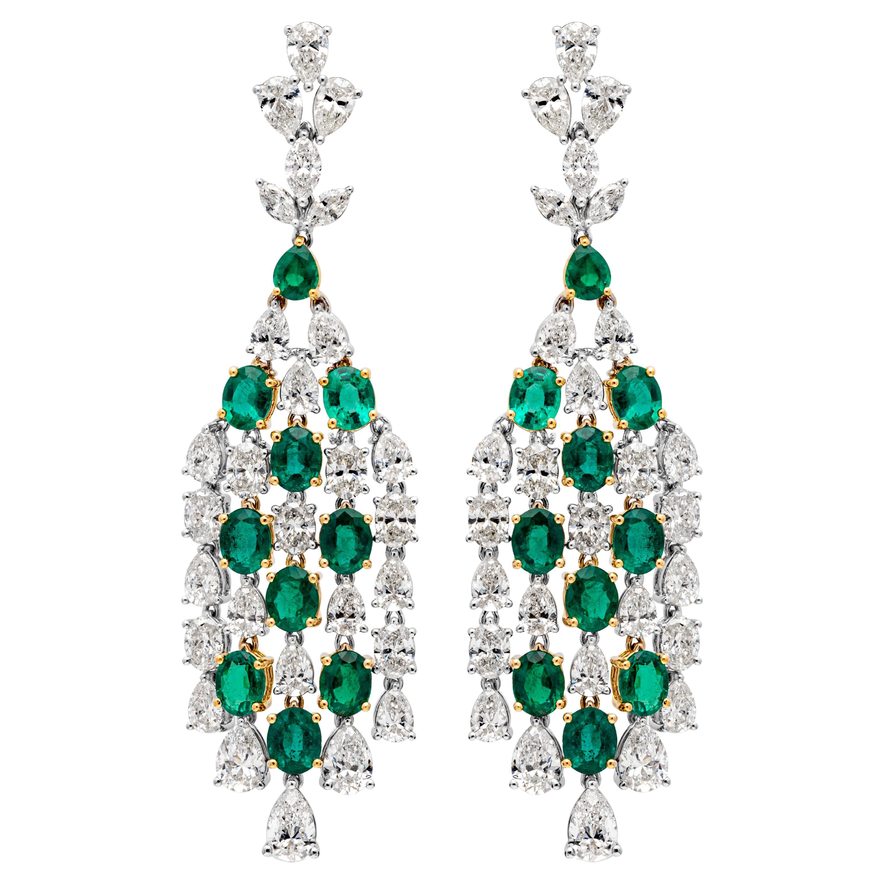 14.84 Carats Total Mixed Cut Emerald and Diamond Chandelier Earrings