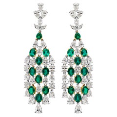 14.84 Carats Total Mixed Cut Green Emerald and Diamond Chandelier Earrings