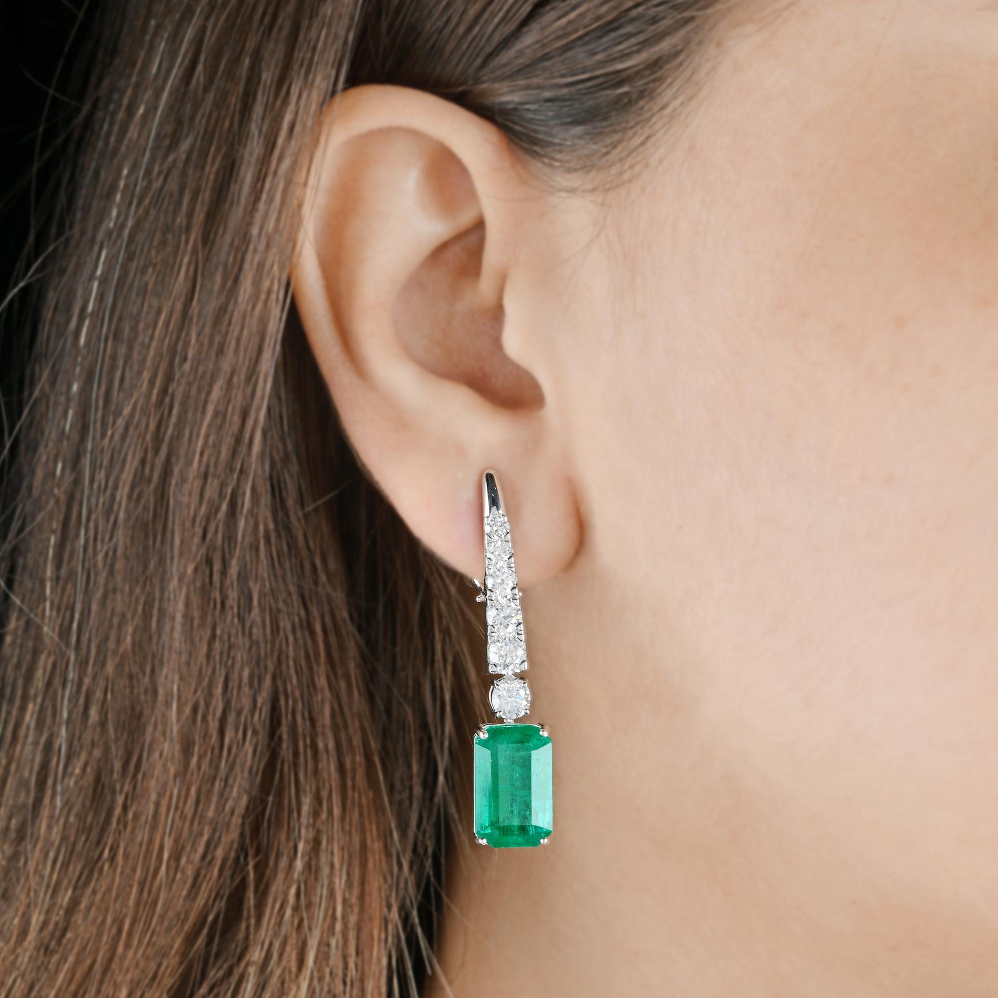 Emerald Cut 14.84 Ct. Zambian Emerald Dangle Earrings 3.06 Ct. SI/H Diamond 18k White Gold For Sale