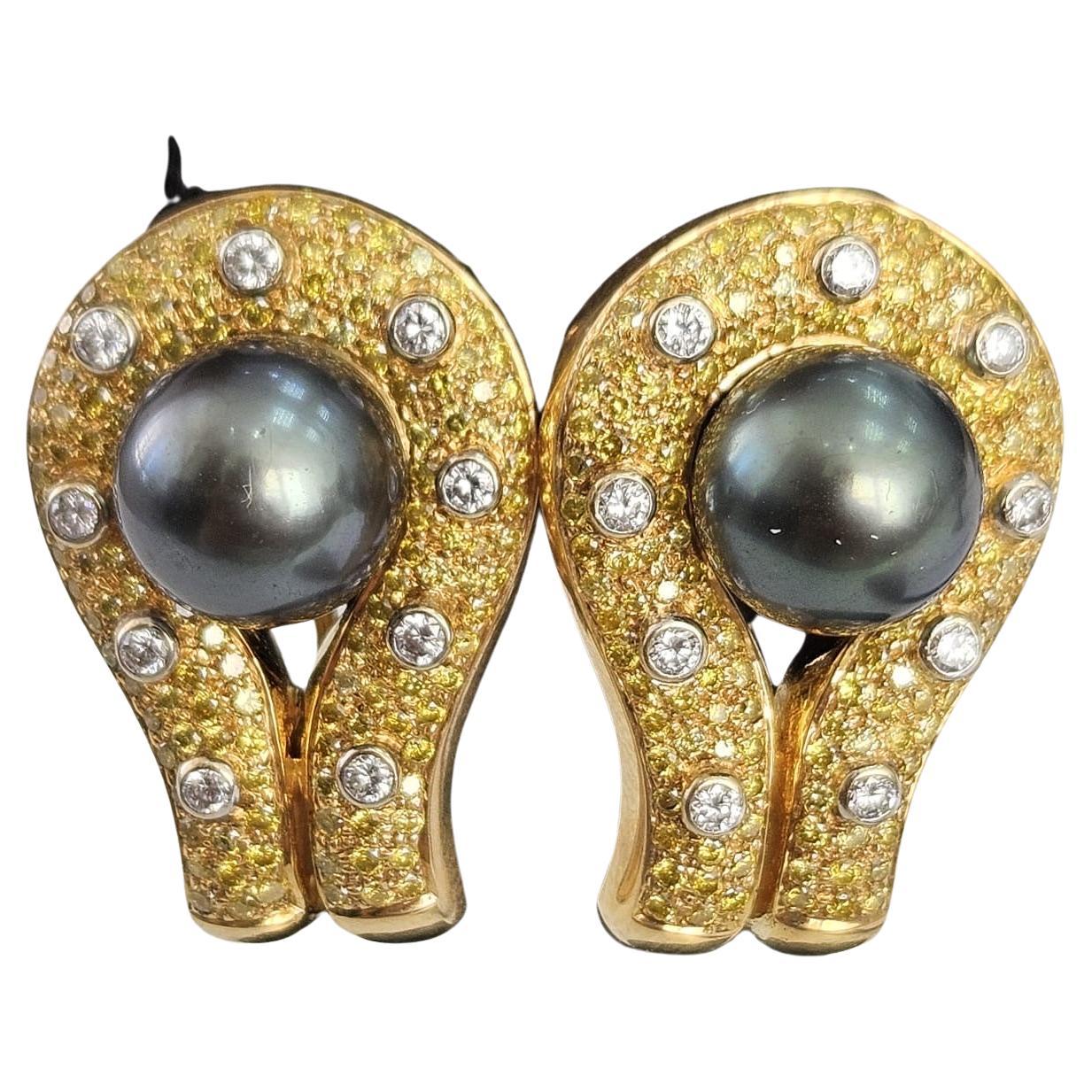 14,87 Karat Kanarien-Diamant-Ohrringe mit Perlen und weißen Diamanten