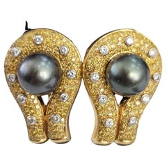 14,87 Karat Kanarien-Diamant-Ohrringe mit Perlen und weißen Diamanten