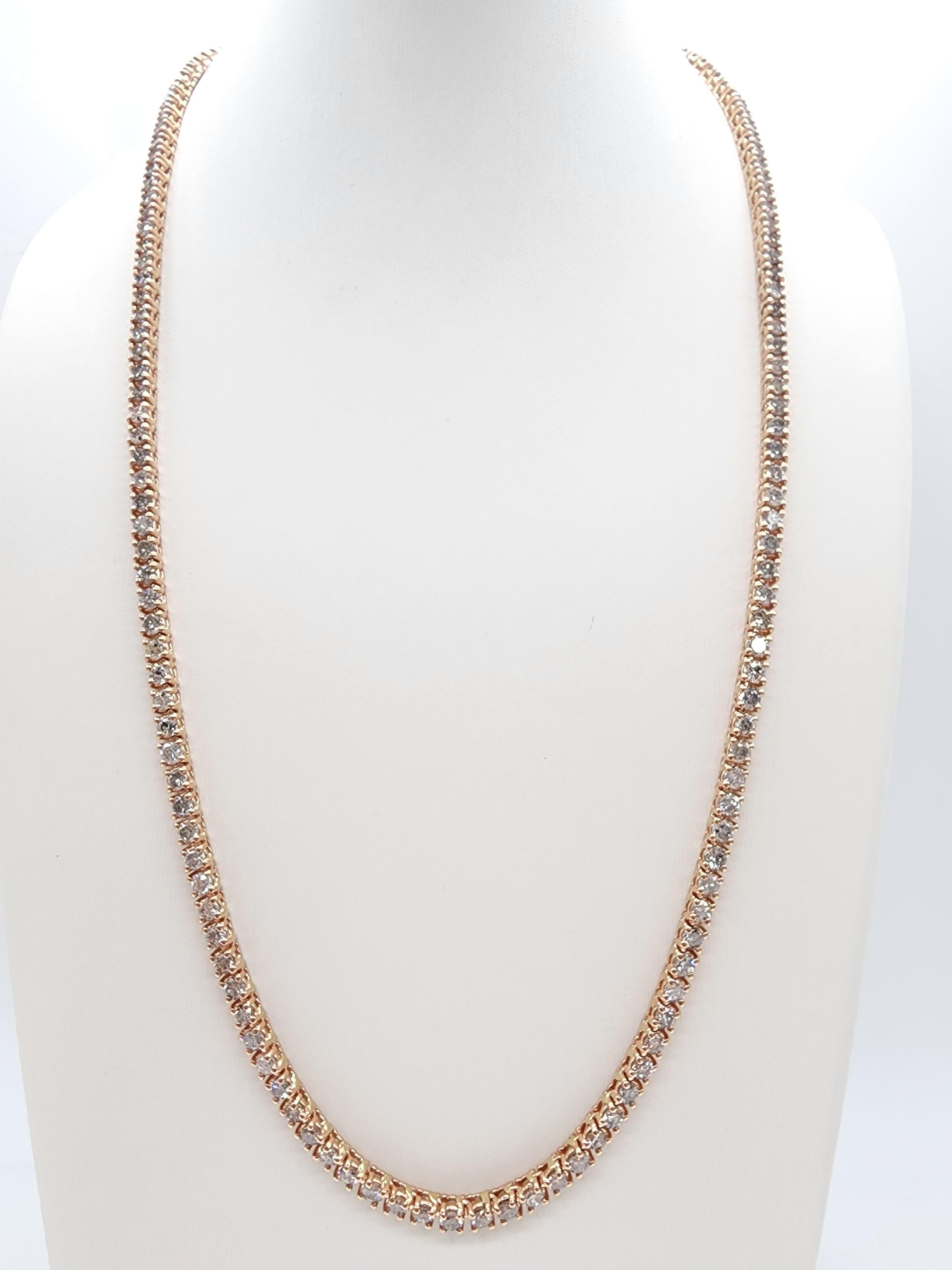 Brilliant and beautiful tennis necklace, natural round-brilliant cut white diamonds clean and Excellent shine. 14k rose gold classic four-prong style for maximum light brilliance. Elegance for every occasion.

22 inch length 
Average Color: G