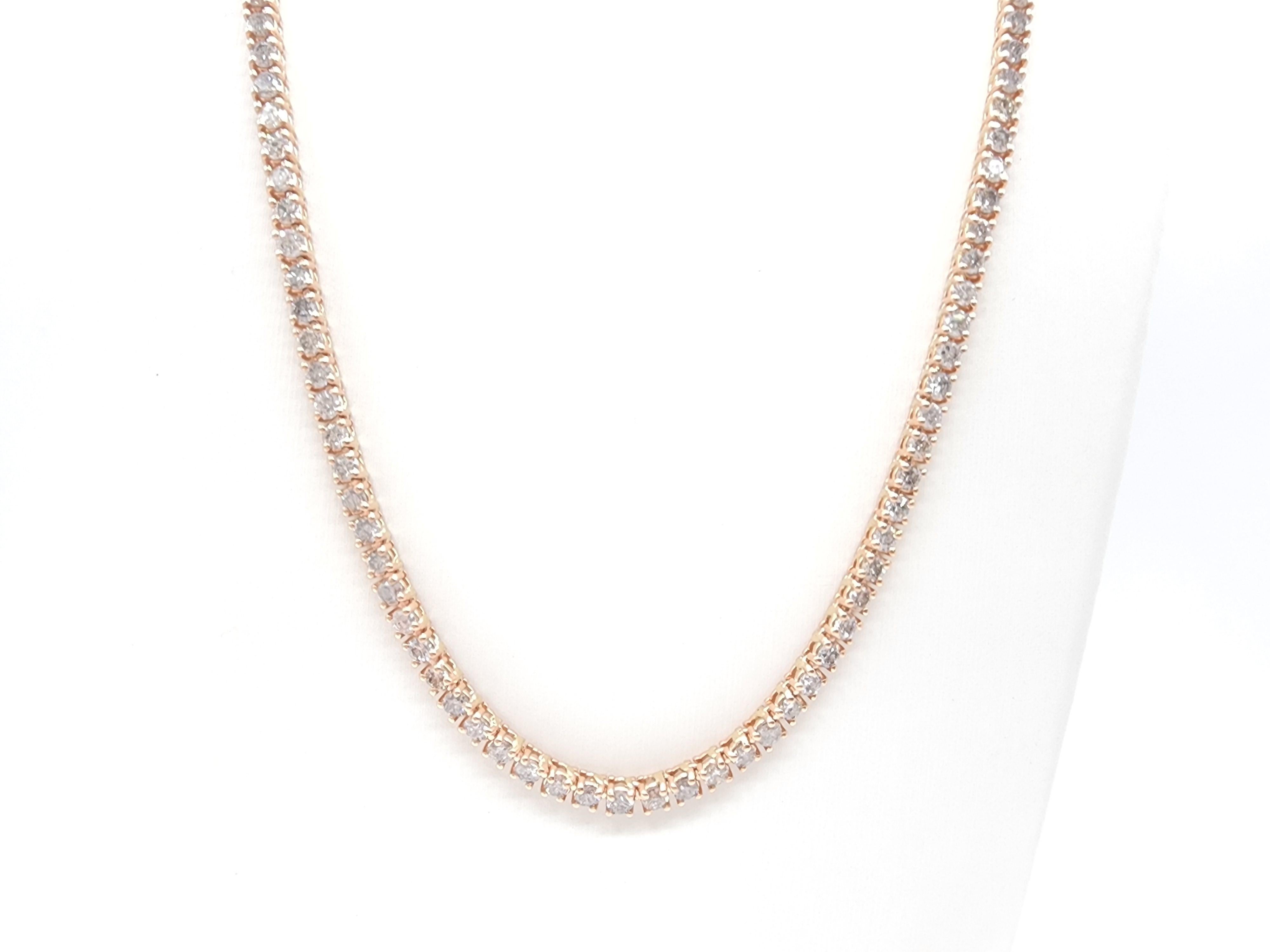 Round Cut 14.88 Carat Round Natural Diamond Tennis Necklace 14 Karat Rose Gold For Sale