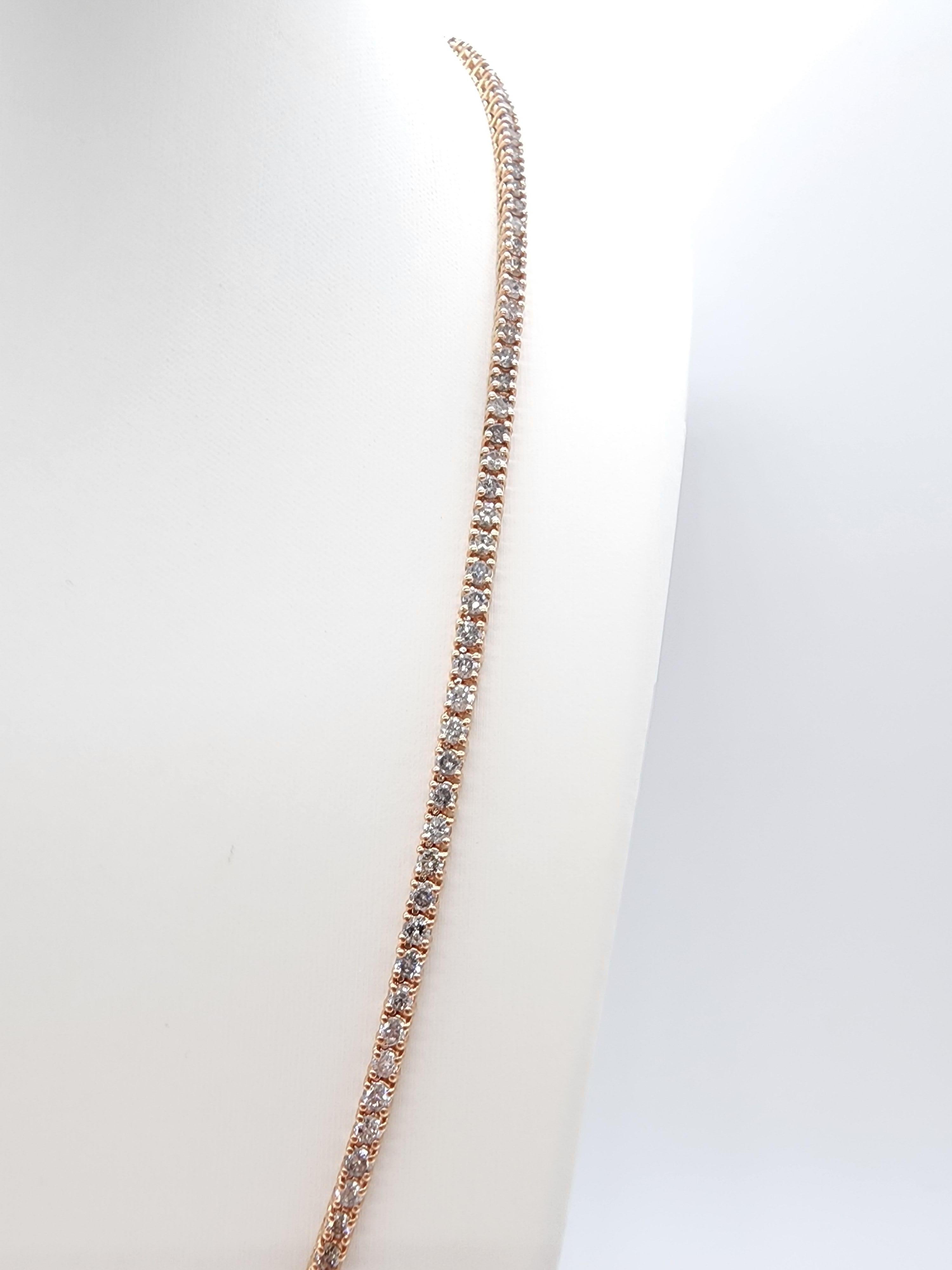14.88 Carat Round Natural Diamond Tennis Necklace 14 Karat Rose Gold In New Condition For Sale In Great Neck Plaza, NY