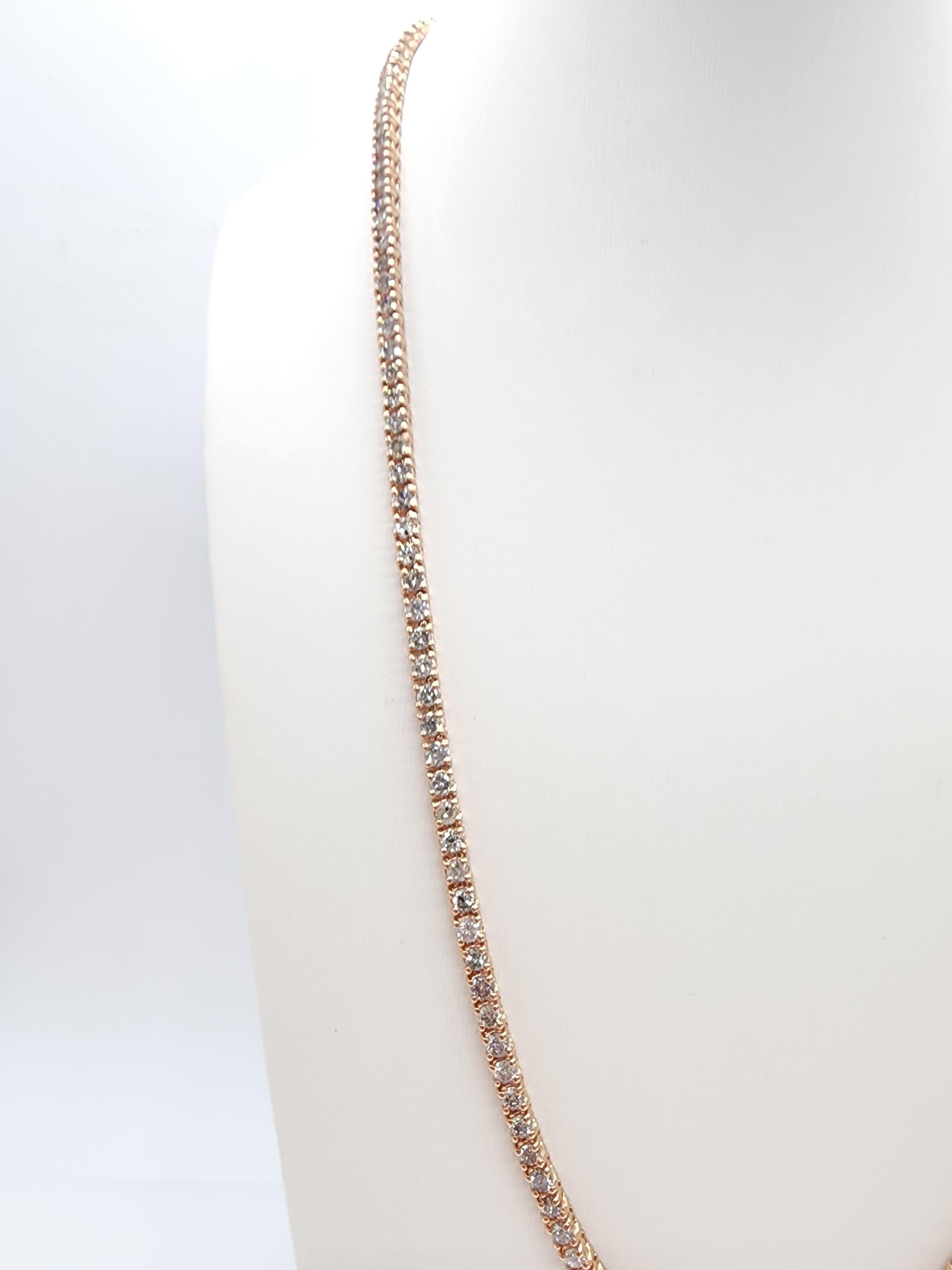 Women's or Men's 14.88 Carat Round Natural Diamond Tennis Necklace 14 Karat Rose Gold For Sale