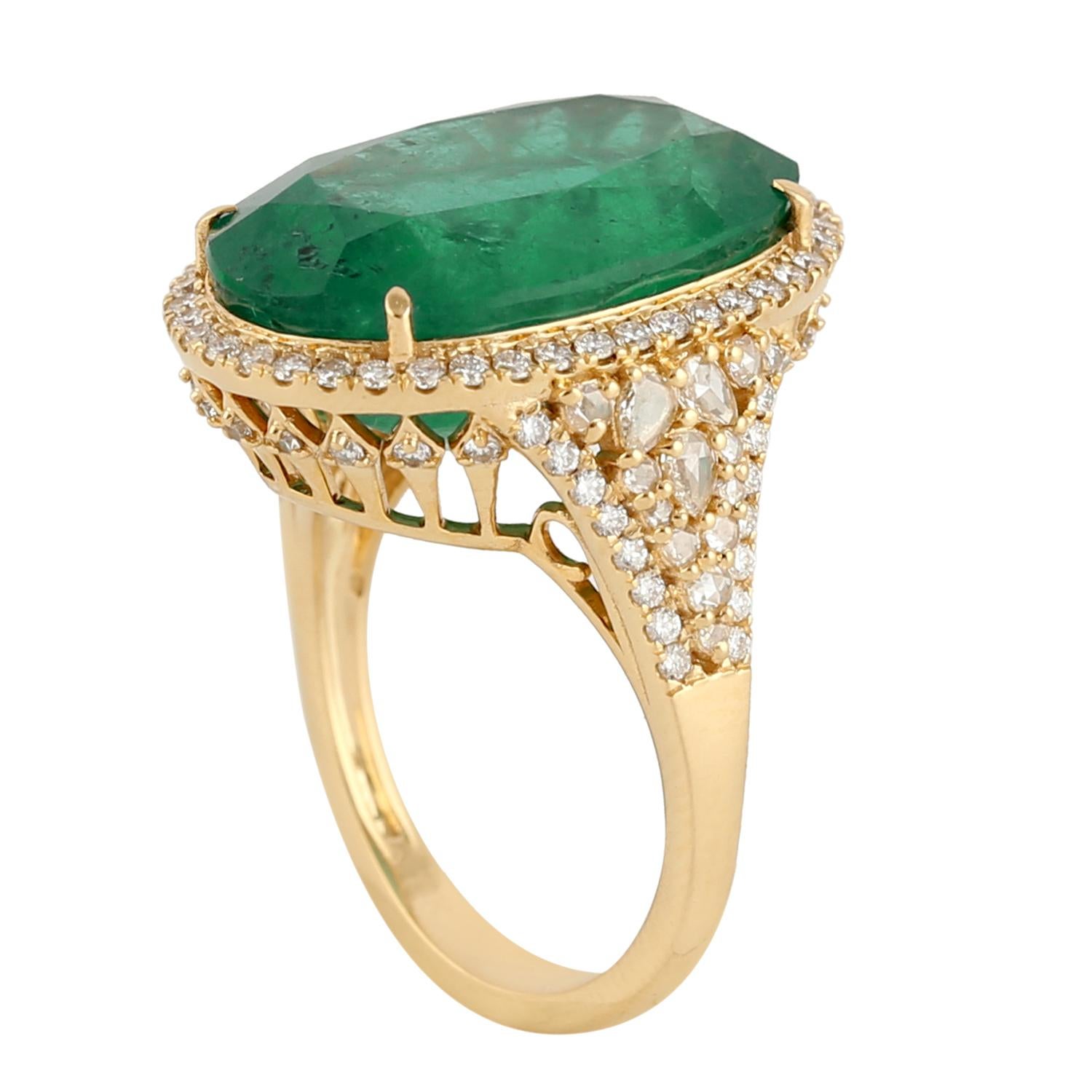 This ring has been meticulously crafted from 14-karat gold.  It is hand set with 14.89 carats emerald & 1.01 carats of sparkling diamonds. 

The ring is a size 7 and may be resized to larger or smaller upon request. 
FOLLOW  MEGHNA JEWELS storefront