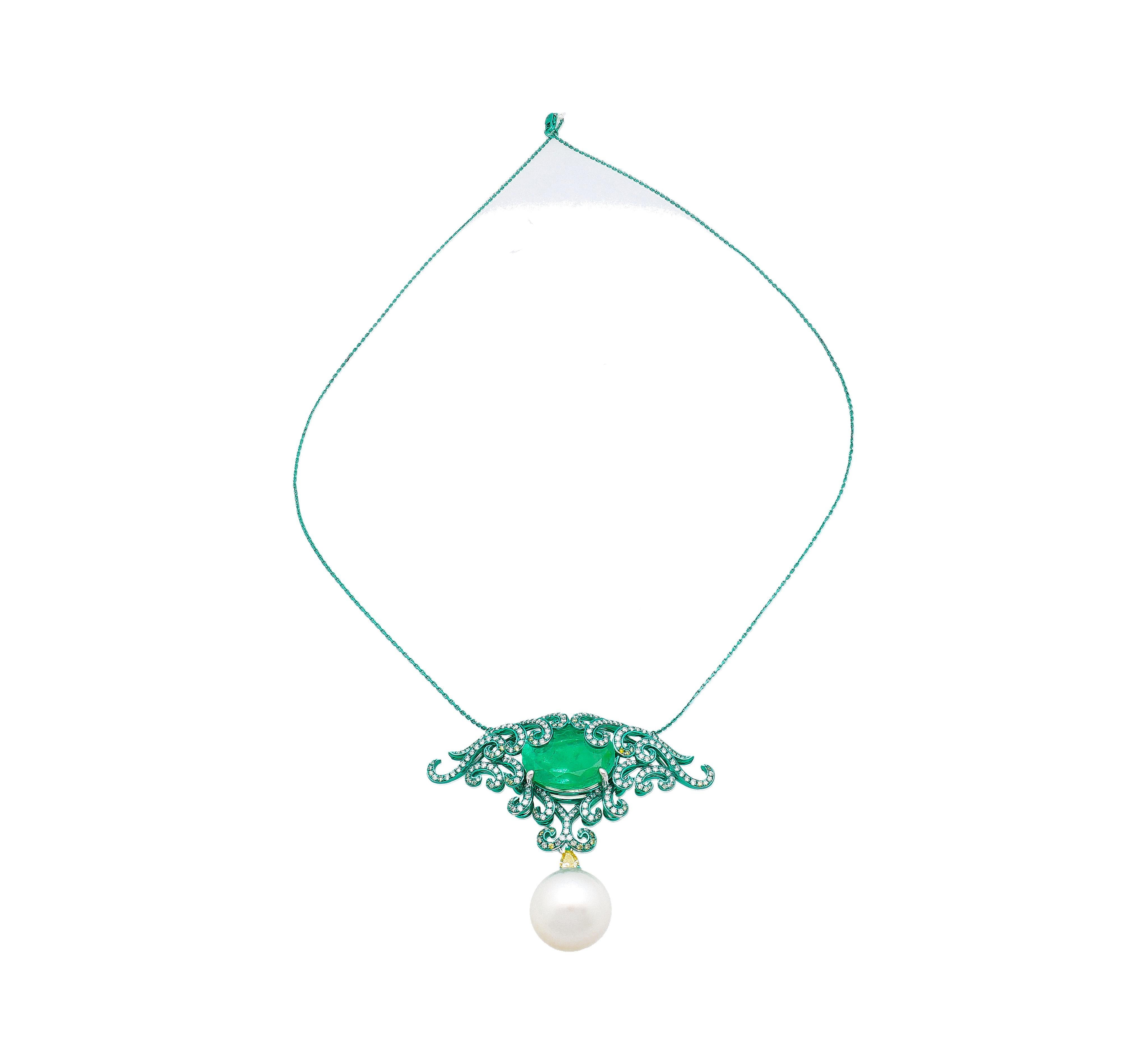 14.89 Carat Minor Oil Colombian Emerald & Green Gold Enamel Art Nouveau Necklace For Sale 3