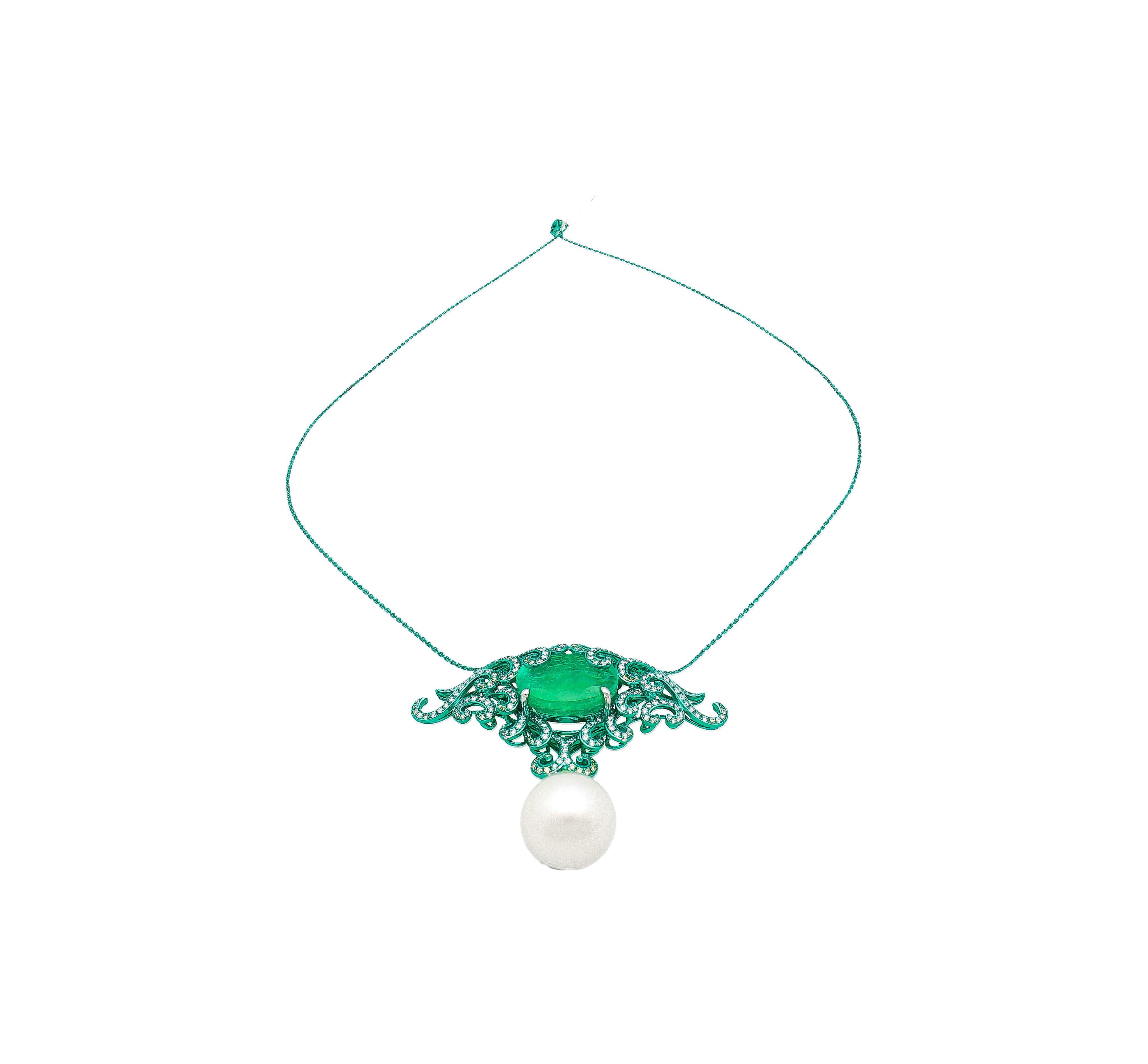 14.89 Carat Minor Oil Colombian Emerald & Green Gold Enamel Art Nouveau Necklace For Sale 4