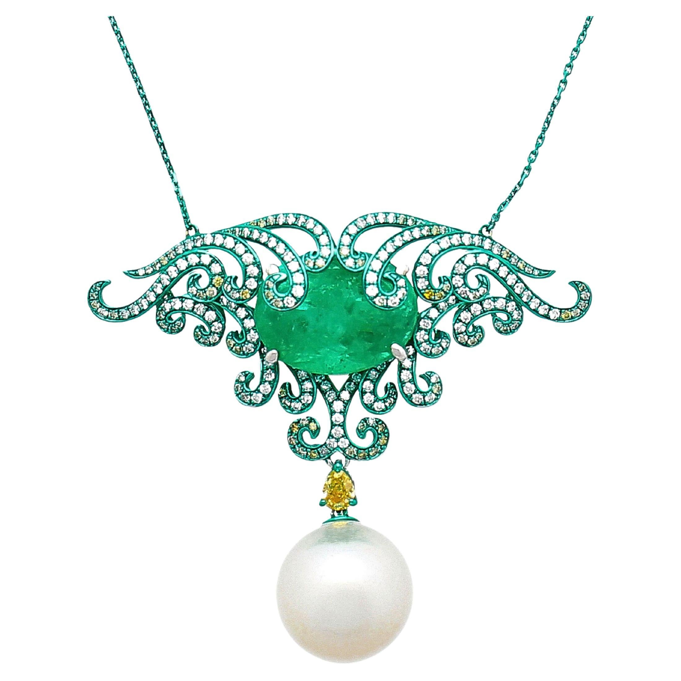 14.89 Carat Minor Oil Colombian Emerald & Green Gold Enamel Art Nouveau Necklace For Sale