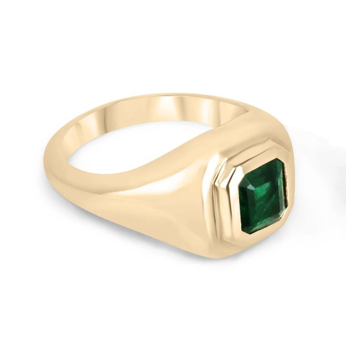 Introducing a captivating unisex emerald solitaire gold ring, featuring a striking 1.48-carat emerald of unparalleled beauty. The emerald boasts an intensely rich dark green color that commands attention, while its unique characteristics set it