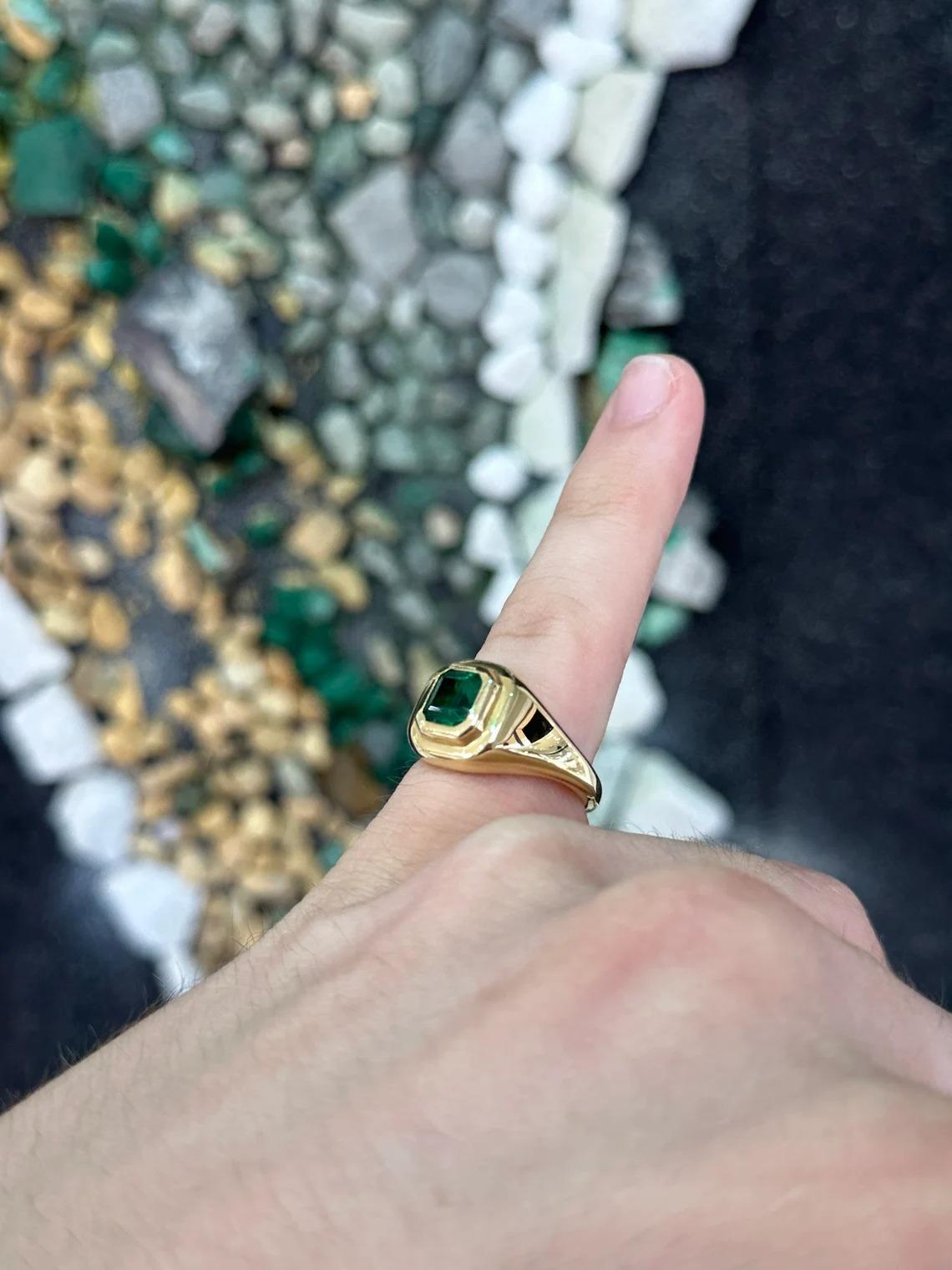 1.48ct 18K Intense Rich Dark Green Asscher Cut Emerald Bezel Gold Solitaire Ring In New Condition For Sale In Jupiter, FL