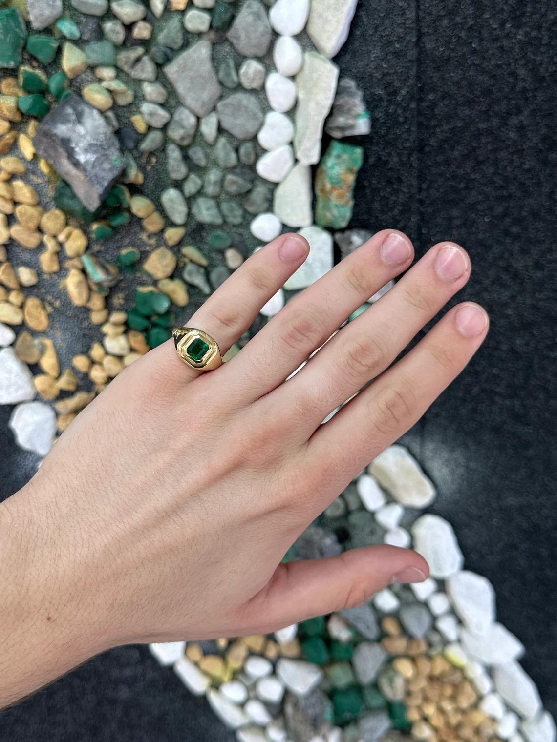 Women's or Men's 1.48ct 18K Intense Rich Dark Green Asscher Cut Emerald Bezel Gold Solitaire Ring For Sale