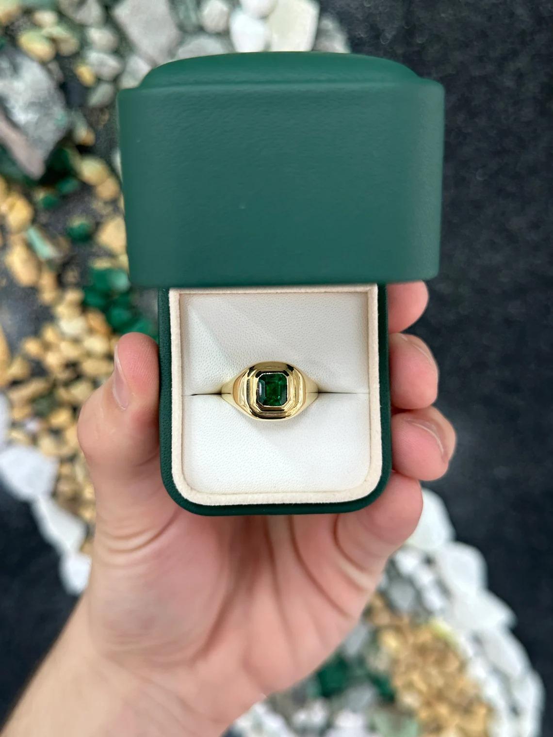 1.48ct 18K Intense Rich Dark Green Asscher Cut Emerald Bezel Gold Solitaire Ring For Sale 1