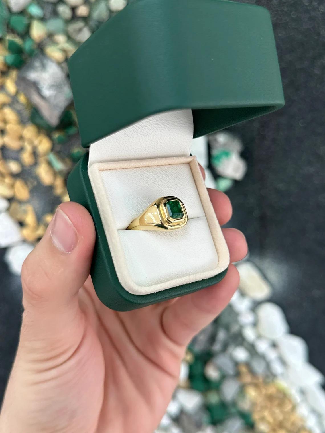 1.48ct 18K Intense Rich Dark Green Asscher Cut Emerald Bezel Gold Solitaire Ring For Sale 2
