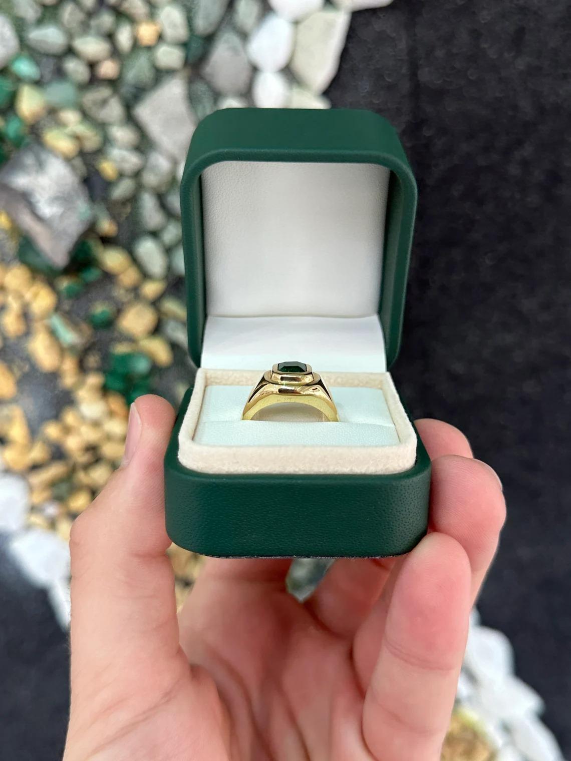 1.48ct 18K Intense Rich Dark Green Asscher Cut Emerald Bezel Gold Solitaire Ring For Sale 3