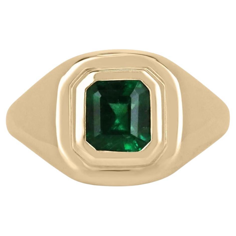 1.48ct 18K Intense Rich Dark Green Asscher Cut Emerald Bezel Gold Solitaire Ring For Sale