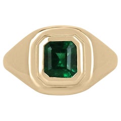 1.48ct 18K Intense Rich Dark Green Asscher Cut Emerald Bezel Gold Solitaire Ring