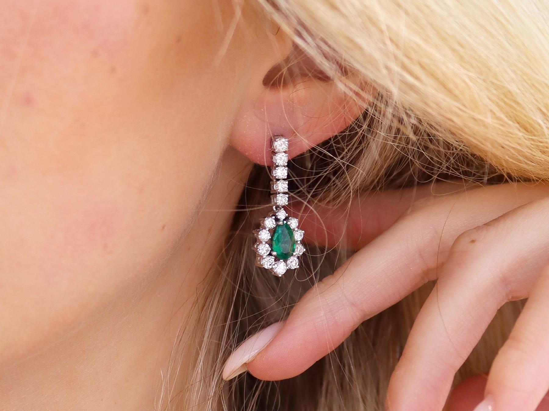 Pear Cut 1.48Ct Emerald and 2.35Ct Diamond 18k White Gold Drop Earrings Circa 1960 For Sale