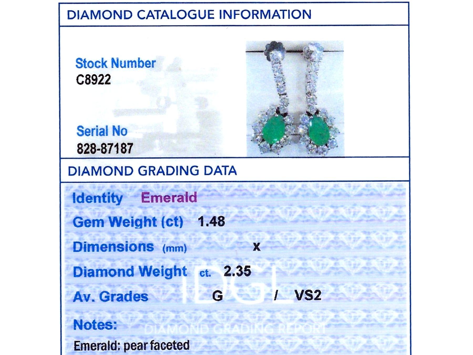 1.48Ct Emerald and 2.35Ct Diamond 18k White Gold Drop Earrings Circa 1960 For Sale 3