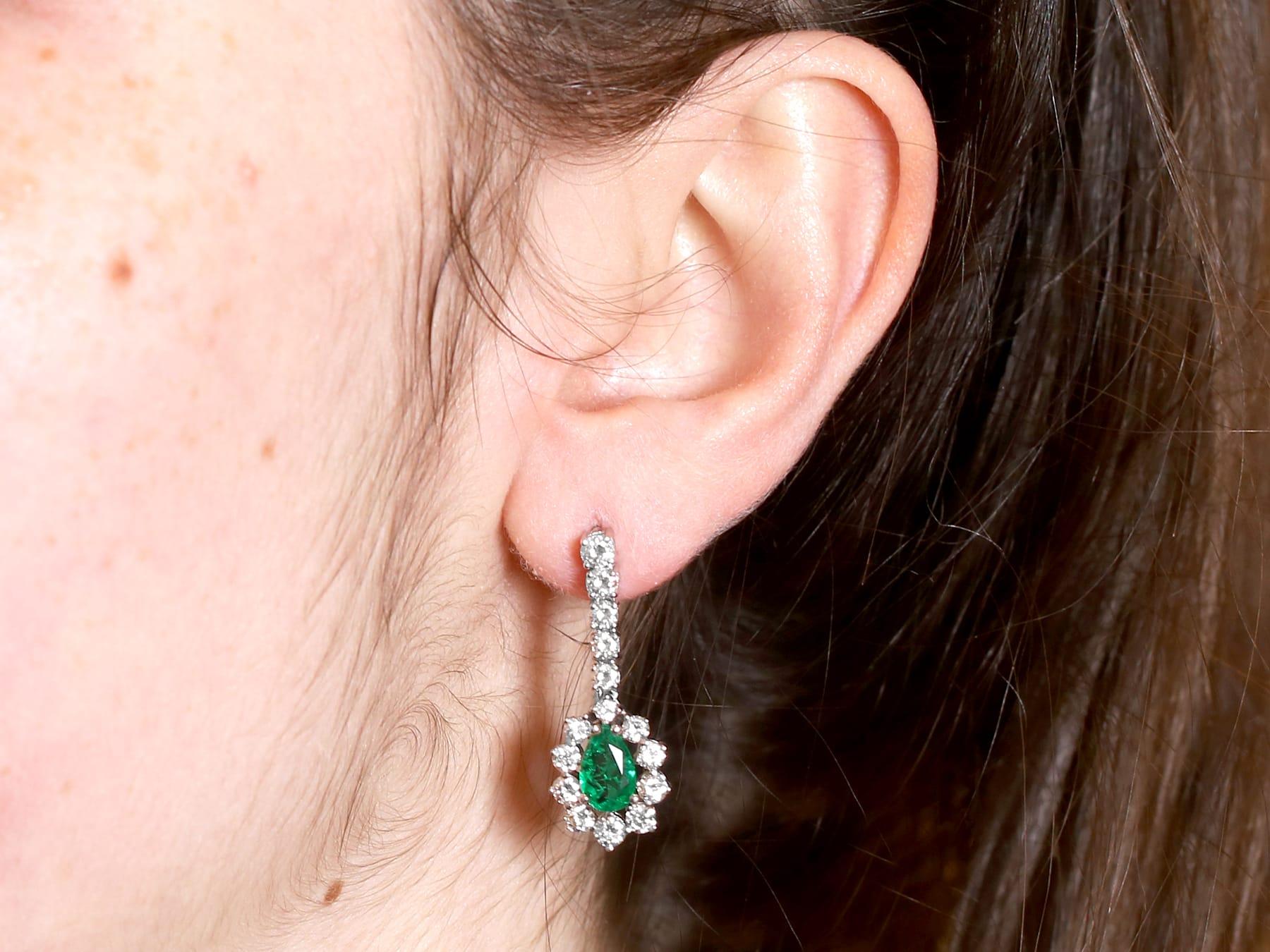 1.48Ct Emerald and 2.35Ct Diamond 18k White Gold Drop Earrings Circa 1960 For Sale 4