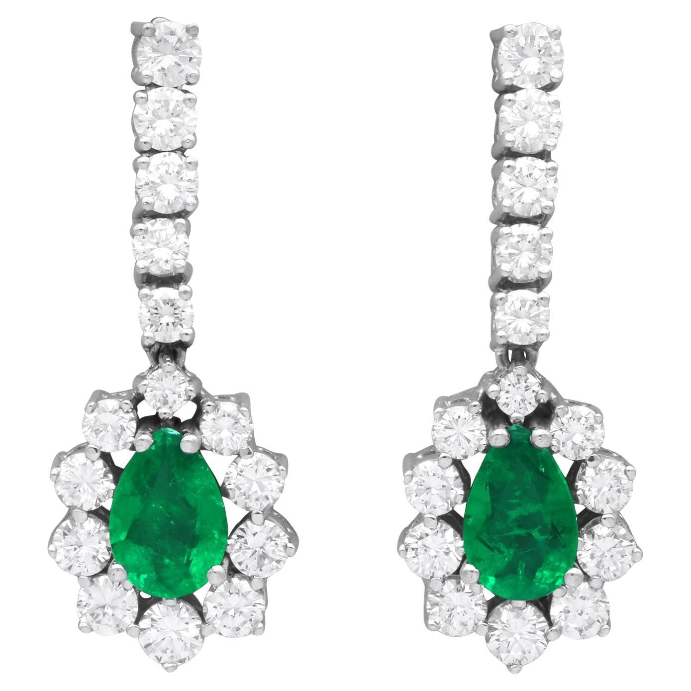 1.48Ct Emerald and 2.35Ct Diamond 18k White Gold Drop Earrings Circa 1960 For Sale