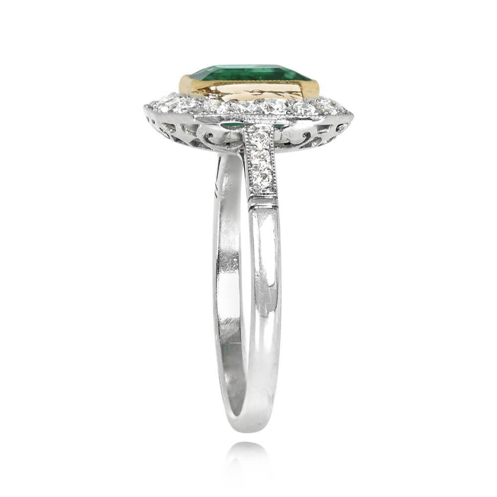 Art Deco 1.48ct Emerald Cut Natural Emerald Engagement Ring, Diamond Halo 18k Yellow Gold For Sale