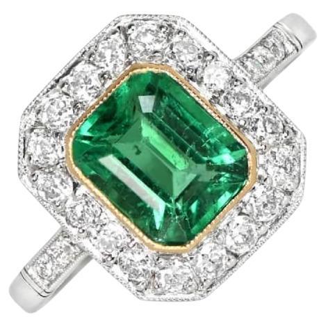 1.48ct Emerald Cut Natural Emerald Engagement Ring, Diamond Halo 18k Yellow Gold