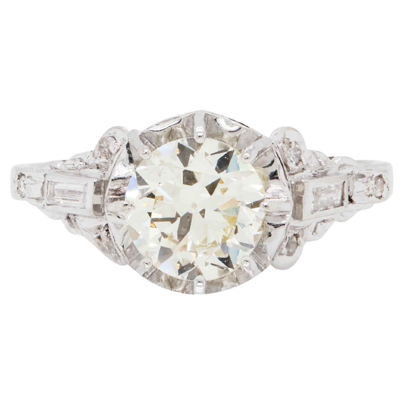 1.48ct Old Cut Diamond and Platinum Art Deco Vintage Engagement Ring For Sale